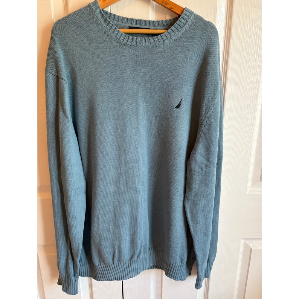 Nautica Mens XL Blue Cotton Crewneck Sweater Long Sleeve Knit Pullover Logo